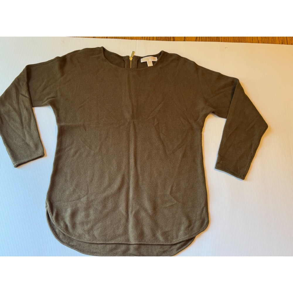 Michael Kors Olive Green Back Zip Curved Hem Long Sleeve Knit Sweater Medium